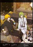  2boys androgynous blonde_hair enkidu_(fate/strange_fake) fate/grand_order fate/strange_fake fate_(series) formal gilgamesh gilgamesh_(caster)_(fate) green_eyes green_hair highres kurono_yuu long_hair multiple_boys room smile suit 