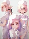  3girls akao_ppai blush braid breasts euryale fate/grand_order fate/hollow_ataraxia fate_(series) florence_nightingale_(fate/grand_order) hair_over_one_eye hat long_hair looking_at_viewer multiple_girls nurse nurse_cap open_mouth pink_hair red_eyes shielder_(fate/grand_order) short_hair simple_background smile syringe twintails violet_eyes 