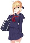  1girl :o ahoge arm_behind_back bag black_serafuku blonde_hair capsule_servant commentary_request fate_(series) green_eyes highres looking_at_viewer master_artoria pleated_skirt saber school_bag school_uniform serafuku short_hair simple_background skirt solo uniform unscpro upper_body white_background 