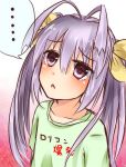  ... 1girl eyebrows_visible_through_hair green_shirt hair_ribbon japanese jiiwara long_hair looking_up miyauchi_renge non_non_biyori purple_hair red_eyes ribbon shirt solo speech_bubble 