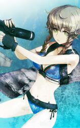  1girl amane_suzuha belt bikini black_gloves blue_bikini braid breasts brown_hair choker cleavage collarbone dutch_angle eyebrows_visible_through_hair fingerless_gloves fingernails gloves green_eyes gun highres holding holding_gun holding_weapon huke looking_at_viewer medium_breasts midriff nail_polish navel official_art orange_nails sharp_fingernails short_hair_with_long_locks sidelocks smile solo steins;gate stomach swimsuit twin_braids weapon 