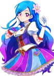  1girl aikatsu! aosa_(momikin) belt blue_hair blush braid breasts commentary_request elbow_gloves flower gloves gradient_hair hair_flower hair_ornament hand_on_own_cheek idol kazesawa_sora long_hair looking_at_viewer mole mole_under_mouth multicolored multicolored_clothes multicolored_hair multicolored_skirt navel necktie puffy_short_sleeves puffy_sleeves purple_hair short_sleeves side_braid single_braid skirt smile solo vest violet_eyes white_gloves 