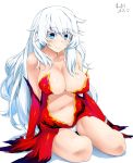  artemis_(fate/grand_order) bare_shoulders blue_eyes breasts fate_(series) highres large_breasts long_hair looking_at_viewer mattari_yufi medium_breasts navel signature simple_background smile thighs white_hair 