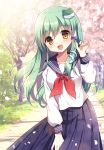  blush green_hair kochiya_sanae long_hair orange_eyes seifuku skirt smile touhou 