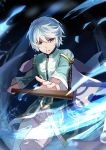  1boy hands long_sleeves looking_at_viewer magic male_focus mikleo_(tales) pale_skin qitoli short_hair solo staff tales_of_(series) tales_of_zestiria violet_eyes water weapon white_hair 