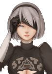  1girl black_gloves blindfold_lift breasts cleavage face gloves grey_eyes hairband hepu lips looking_at_viewer mole mole_under_mouth nier_(series) nier_automata nose short_hair silver_hair simple_background solo white_background yorha_no._2_type_b 
