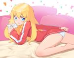  1girl absurdres ass blonde_hair blue_eyes cellphone company_connection confetti covering covering_ass doma_umaru douga_koubou eyebrows_visible_through_hair gabriel_dropout highres himouto!_umaru-chan lee_seok_ho long_sleeves looking_at_viewer medium_hair no_pants panties phone phone_screen signature smartphone solo tenma_gabriel_white trait_connection underwear white_panties 