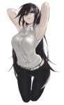  1girl armpits arms_behind_head arms_up belt black_hair blue_eyes buttons collared_shirt cropped_legs hair_ornament heterochromia highres long_hair original pants red_eyes sakura_inu shirt simple_background skull_hair_ornament solo stitches thigh_gap very_long_hair white_background white_shirt wing_collar x_hair_ornament 