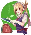 &gt;:d 1girl :d =3 blonde_hair blue_dress brown_eyes collared_shirt cropped_torso dragon_girl dragon_horns dress eyebrows_visible_through_hair food frilled_sleeves frills gloves green_background hair_between_eyes highres horns kitchen_knife kobayashi-san_chi_no_maidragon maid maid_headdress meat necktie okarin_(tennisofoka) open_mouth puffy_short_sleeves puffy_sleeves red_necktie red_sash sash shirt short_sleeves smile solo tooru_(maidragon) translation_request twintails upper_body white_gloves white_shirt 