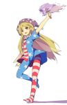 1girl american_flag_dress american_flag_legwear blonde_hair clownpiece dress fairy_wings fang fire full_body hasebe_yuusaku hat jester_cap long_hair looking_at_viewer neck_ruff pantyhose polka_dot short_dress short_sleeves simple_background smile solo star star_print striped torch touhou very_long_hair violet_eyes white_background wings 