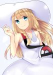  1girl blonde_hair blue_eyes braid dress hat highres lillie_(pokemon) long_hair poke_ball_theme pokemon pokemon_(game) pokemon_sm sleeveless sleeveless_dress solo sun_hat twin_braids white_dress white_hat yuihiko 