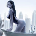  1girl arched_back ass back_tattoo backless_outfit bathroom bathtub black_hair breasts cleavage highres looking_at_viewer mirco_cabbia nail_polish overwatch solo swimsuit tattoo wet wet_hair widowmaker_(overwatch) yellow_eyes 