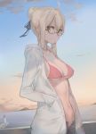  1girl ahoge aircraft airplane arm_at_side bangs bikini bikini_under_clothes black-framed_eyewear black_ribbon blonde_hair blush braid breasts cleavage closed_mouth clouds cloudy_sky collarbone condensation_trail cowboy_shot dutch_angle erect_nipples eyebrows_visible_through_hair fate/grand_order fate_(series) french_braid glasses groin hair_between_eyes hair_bun hair_ribbon hand_in_pocket heroine_x heroine_x_(alter) highres hood hood_down hooded_jacket hoodie horizon island jacket lighthouse looking_at_viewer medium_breasts midriff navel ocean open_clothes open_fly open_hoodie open_jacket outdoors pink_bikini ribbon saber saber_alter semi-rimless_glasses short_hair short_shorts shorts sky smile solo strap_gap swimsuit unbuttoned under-rim_glasses under_boob unzipped water white_jacket yellow_eyes yohan1754 