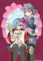  1boy 1girl alternate_hairstyle armor artist_name blue_hair blush boots bow earrings fire_emblem fire_emblem_if flower gloves grey_hair hair_flower hair_ornament hair_over_one_eye jewelry lazward_(fire_emblem_if) mirror momosemocha multicolored_hair open_mouth pieri_(fire_emblem_if) pink_hair red_eyes side_ponytail sitting thigh-highs two-tone_hair violet_eyes 