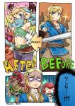  1boy 3girls 3koma alternate_costume anger_vein angry armpits before_and_after blank_eyes blonde_hair blue_eyes blue_lipstick blush bokoblin comic commentary_request crossdressinging dark_skin detached_sleeves earrings english gerudo gerudo_link green_eyes hair_between_eyes hoop_earrings jewelry kinako_(462) link lipstick long_hair looking_at_viewer makeup midriff mipha monster_girl multicolored multicolored_skin multiple_girls muscle muscular_female navel one_eye_closed pointy_ears princess_zelda red_skin redhead smile stomach sword the_legend_of_zelda the_legend_of_zelda:_breath_of_the_wild toned translation_request trap urbosa v v_over_eye veil weapon white_skin yellow_eyes zora 