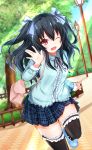  &gt;;) 1girl alternate_costume black_hair blush casual choujigen_game_neptune day dutch_angle ex_idol female frilled_skirt frills highres long_hair looking_at_viewer neptune_(series) one_eye_closed outdoors red_eyes skirt smile solo thighs uni_(choujigen_game_neptune) 