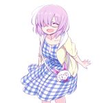  1girl ^_^ alternate_costume bag chan_co closed_eyes dress fate/grand_order fate_(series) glasses hair_over_one_eye handbag jacket plaid plaid_dress purple_hair shielder_(fate/grand_order) short_hair simple_background smile solo standing white_background yellow_jacket 