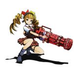  1girl black_hairband blonde_hair bow brown_eyes divine_gate drill_hair full_body gun hair_bow hairband holding holding_gun holding_weapon long_hair looking_at_viewer machine_gun mayu_(road_to_dragons) necktie official_art one_knee pleated_skirt red_bow red_necktie road_to_dragons school_uniform shadow skirt smile solo thigh_strap transparent_background twin_drills ucmm weapon 