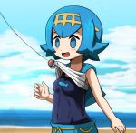  1girl bare_arms beach blue_eyes blue_hair blue_sky blush breasts clouds covered_navel day female fishing_hook fishing_line fishing_rod hair_ornament kaki_(pokemon) ocean one-piece_swimsuit open_mouth outdoors pants pokemon pokemon_(game) pokemon_sm shirt shirt_lift short_hair sky sleeveless sleeveless_shirt small_breasts solo suiren_(pokemon) surprised sweatdrop swimsuit swimsuit_under_clothes takamame upper_body wide-eyed 