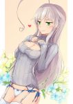  1girl ahoge beige_background blush bow bow_panties breasts closed_mouth eyebrows_visible_through_hair floral_background from_side garter_straps green_eyes grey_hair grey_sweater groin haiyore!_nyaruko-san hands_on_own_chest heart highres huge_ahoge long_hair medium_breasts meme_attire nyarlathotep_(nyaruko-san) open-chest_sweater panties powhway ribbed_sweater sleeves_past_wrists smile solo sweater thigh-highs underwear very_long_hair white_legwear white_panties 