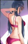  1girl ass blue_eyes blue_hair bra breasts character_request copyright_request from_behind hair_over_shoulder isshiki_(ffmania7) long_hair looking_at_viewer medium_breasts midriff nail_polish panties pink_bra pink_panties signature thighs underwear underwear_only 