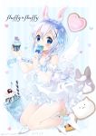  1girl 2017 angel_wings animal_ears bangs bare_shoulders blue_background blue_bow blue_eyes blue_hair blue_legwear blush bow braid candy cherry collarbone commentary_request cupcake dated detached_wings dress drinking_straw flat_chest food fruit full_body gochuumon_wa_usagi_desu_ka? hair_between_eyes hair_bow hair_ornament hairclip heart highres holding holding_food ice_cream kafuu_chino lollipop long_hair looking_at_viewer neki_(wakiko) parfait polka_dot polka_dot_bow rabbit_ears scrunchie sidelocks socks solo star striped striped_background tippy_(gochiusa) twin_braids twitter_username white_dress wild_geese wings wrist_scrunchie x_hair_ornament 