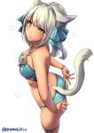 1girl adjusting_clothes adjusting_swimsuit animal_ears arms_behind_back aruma_jiki ass bangs bare_shoulders bikini bikini_pull blue_bikini blue_ribbon breasts cat_ears cat_tail closed_mouth collarbone cowboy_shot eyebrows eyebrows_visible_through_hair final_fantasy final_fantasy_xiv from_above from_side grey_hair hair_ornament hair_ribbon jewelry long_hair looking_at_viewer medium_breasts miqo&#039;te necklace ponytail pulled_by_self ribbon shiny shiny_skin slit_pupils smile solo standing star swimsuit tail thigh_strap twitter_username whisker_markings white_background yellow_eyes 