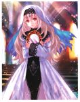 1girl absurdres crying crying_with_eyes_open dress fukahire_sanba hair_between_eyes hair_ornament highres holding huge_filesize indoors kaku-san-sei_million_arthur long_hair looking_at_viewer mirror nun red_eyes silver_hair solo standing tears torn_clothes torn_dress white_dress 