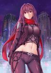  1girl a4typhoon absurdres adapted_costume breasts building cowboy_shot fate/grand_order fate_(series) gloves highres jacket large_breasts long_hair looking_at_viewer midriff navel pants parted_lips purple_hair red_eyes red_scarf scarf scathach_(fate/grand_order) solo tight tight_pants 