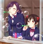  2girls ^_^ black_hair blazer bottle bow bowtie bubble_blowing bubble_pipe closed_eyes commentary_request from_outside hair_bow highres jacket ksk_(semicha_keisuke) long_hair long_sleeves looking_out_window love_live! love_live!_school_idol_project multiple_girls open_window pink_scrunchie pleated_skirt purple_hair red_bow red_eyes school_uniform scrunchie skirt soap_bubbles striped striped_bow striped_bowtie toujou_nozomi twintails window yazawa_nico 