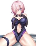  1girl 3: bare_shoulders black_gloves choker fate/grand_order fate_(series) fur_trim gloves hair_over_one_eye harimoji highres looking_at_viewer navel purple_gloves purple_hair shielder_(fate/grand_order) short_hair simple_background sitting solo sweat thigh_strap violet_eyes white_background 