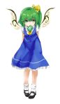  1girl ameyu_(rapon) arms_behind_back black_shoes blue_skirt blue_vest bobby_socks collared_shirt daiyousei fairy_wings frilled_skirt frills full_body green_eyes green_hair hair_ribbon highres looking_at_viewer mary_janes mouth_hold power-up revision ribbon shirt shoes side_ponytail skirt smile socks solo touhou vest white_legwear white_shirt wings yellow_ribbon 