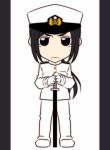  1girl black_hair brown_eyes chibi commentary_request epaulettes female_admiral_(kantai_collection) frown gloves hat holding holding_sword holding_weapon jacket kantai_collection katana long_hair looking_at_viewer low_ponytail military military_hat military_uniform neko_majin peaked_cap sheath sheathed sidelocks solo standing sword uniform weapon white_background 