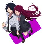  1boy 1girl :d ahoge angry black_hair blue_eyes book d:&lt; dangan_ronpa dangan_ronpa/zero hug long_hair mary_janes matsuda_yasuke okuragon open_mouth otonashi_ryouko red_eyes redhead sandals school_uniform shoes shouting skirt smile white_background 