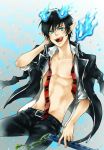  1boy ao_no_exorcist belt black_hair blue_eyes fangs flames logo looking_at_viewer necktie okumura_rin open_mouth open_shirt pointy_ears short_hair solo sword tagme tail tongue 
