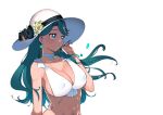  1girl aqua_hair bare_arms bare_shoulders bikini bikini_top black_bow blue_eyes bow bracelet braid breasts choker cleavage collarbone earrings erect_nipples flower go!_princess_precure hair_over_shoulder hat hat_bow hat_flower hat_ornament holding holding_hat jewelry kaidou_minami large_breasts long_hair looking_afar precure ribbon_choker rose rumo simple_background single_braid solo sun_hat swimsuit upper_body white_background white_bikini white_bow white_choker yellow_rose 