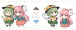  2girls bow bubble_skirt chibi closed_eyes clover commentary_request cup expressionless eyeball face_mask fan folding_fan four-leaf_clover fox_mask frilled_sleeves frills green_eyes green_hair hand_holding hat hat_bow hat_ribbon hata_no_kokoro heart heart_of_string highres holding komeiji_koishi long_hair long_sleeves mask mask_on_head mug multiple_girls noh_mask open_mouth pink_eyes pink_hair plaid plaid_shirt ribbon shirt short_hair sitting skirt smile string third_eye touhou wide_sleeves yada_(xxxadaman) youkai 