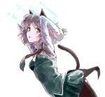  1girl animal_ears arms_behind_head black_legwear black_skirt cat_ears cat_tail chikuwa_(tks) green_eyes grey_hair hirschgeweih_antennas long_sleeves miniskirt necktie open_mouth pantyhose sanya_v_litvyak short_hair simple_background skirt solo strike_witches tail white_background world_witches_series 