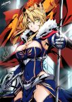  1girl armor armpits artist_name artoria_pendragon_lancer_(fate/grand_order) blonde_hair blue_gloves blue_legwear braid breasts cape cleavage closed_mouth covered_navel crown fate/grand_order fate_(series) flag french_braid fur gauntlets gloves glowing glowing_eyes green_eyes hair_between_eyes holding holding_weapon lance long_hair looking_at_viewer medium_breasts polearm red_cape saber sakiyamama solo thigh-highs upper_body weapon 