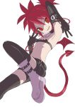  1girl :d armpits bandeau bare_shoulders black_gloves black_legwear blush boots bracelet buckle collar demon_girl demon_tail demon_wings disgaea double_w elbow_gloves etna fang flat_chest gloves hand_gesture highres jewelry knee_boots makai_senki_disgaea makai_senki_disgaea_2 open_mouth red_eyes redhead shaded_face short_hair simple_background smile solo stomach tail thigh-highs two_side_up w white_background white_boots wings yamamoto_souichirou 
