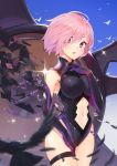  1girl :o armor bare_legs bare_shoulders bird black_gloves black_leotard blush breasts cowboy_shot crow depth_of_field detached_sleeves elbow_gloves eyes_visible_through_hair fate/grand_order fate_(series) feathers female gloves gradient gradient_background hair_over_one_eye highres large_breasts lavender_hair legband legs leotard looking_at_viewer multicolored multicolored_gloves navel navel_cutout neck open_mouth purple_gloves ranyu_kuro shield shielder_(fate/grand_order) shiny shiny_hair short_hair sleeveless sleeveless_leotard sparkle standing thigh_strap thighs torn_gloves type-moon violet_eyes 