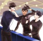  3boys black_gloves black_hair bottle brown_eyes cellphone cst dark_skin dark_skinned_male earphones earphones gloves grey_eyes katsuki_yuuri lee_seung-gil looking_back male_focus multiple_boys open_mouth parted_lips phichit_chulanont phone skating_rink smartphone smile sweat v water_bottle yuri!!!_on_ice 
