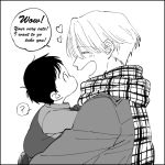  2boys ? black_border border carrying child dokkoi_shoo english engrish heart katsuki_yuuri male_focus monochrome multiple_boys open_mouth plaid plaid_scarf profile ranguage scarf smile spoken_question_mark time_paradox viktor_nikiforov younger yuri!!!_on_ice 