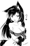  1girl animal_ears blush breast_hold breasts brooch cleavage collarbone crossed_arms dress fang fingernails greyscale half-closed_eyes heart imaizumi_kagerou jewelry large_breasts long_fingernails long_hair long_sleeves looking_at_viewer monochrome off-shoulder_dress off_shoulder open_mouth seductive_smile sharp_fingernails shiny shiny_hair simple_background slit_pupils smile solo tail taurine_8000mg touhou twitter_username upper_body white_background wide_sleeves wolf_ears wolf_tail 