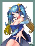  1girl :o absurdres bare_shoulders blonde_hair blue_eyes blue_hair blush breasts cleavage eyebrows_visible_through_hair gradient_hair highres league_of_legends lee_seok_ho long_hair looking_at_viewer multicolored_hair open_mouth outstretched_arm solo sona_buvelle 