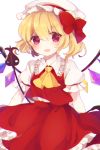  1girl :d ascot blonde_hair blouse blush bow cowboy_shot crystal eyebrows_visible_through_hair flandre_scarlet frilled_skirt frills hair_bow hat highres laevatein looking_at_viewer maccha_(hatsune) mob_cap open_mouth puffy_short_sleeves puffy_sleeves red_eyes red_skirt red_vest short_hair short_sleeves side_ponytail skirt skirt_set smile solo touhou vest white_background white_blouse white_hat wings yellow_ascot 