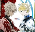  2boys ahoge armor blonde_hair cape dark_skin fate/apocrypha fate/grand_order fate/prototype fate_(series) green_eyes grey_eyes kotomine_shirou looking_at_another male_focus multiple_boys saber_(fate/prototype) short_hair smile suou white_hair 