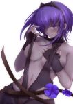  1girl assassin_(fate/prototype_fragments) belt bodysuit breasts dark_skin fate/prototype fate/prototype:_fragments_of_blue_and_silver fate_(series) fingerless_gloves flower gloves medium_breasts navel purple_hair short_hair stomach toeless_legwear very_dark_skin violet_eyes weapon yude 