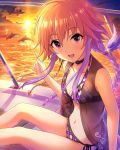  1girl artist_request bangs bikini braid card_(medium) choker clouds collarbone dolphin idolmaster idolmaster_cinderella_girls jewelry long_hair looking_at_viewer multicolored_hair navel ninomiya_asuka ocean official_art orange_hair pointing side-tie_bikini sitting sky smile solo sunset swimsuit two-tone_hair violet_eyes 