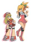  1girl 2girls bike_shorts blonde_hair breasts cosplay costume_switch gloves green_eyes hat long_hair multiple_girls muramasa-sushi red_shorts rockman rockman_dash roll roll_caskett shorts 